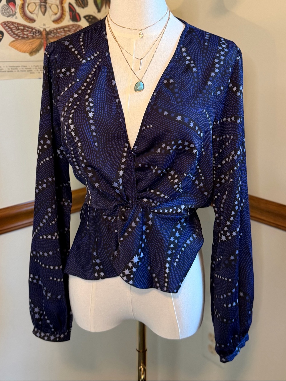 BCBGeneration Navy Star-Print Wrap Blouse